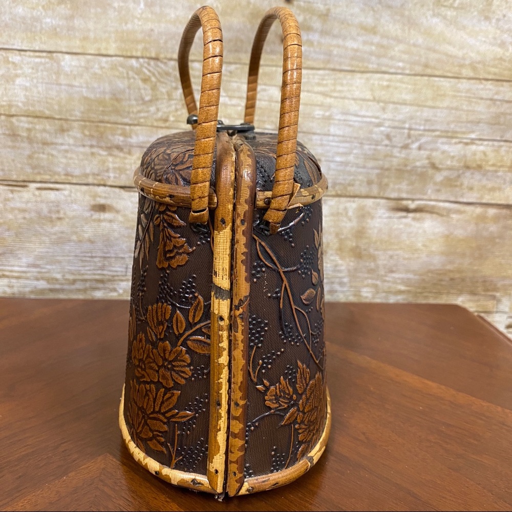 Wood purse box bag tooled floral Asian inspired small - Picture 8 of 16